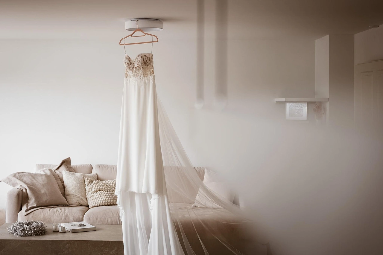Brautkleid hängt im weichen Fensterlicht über einer Couch