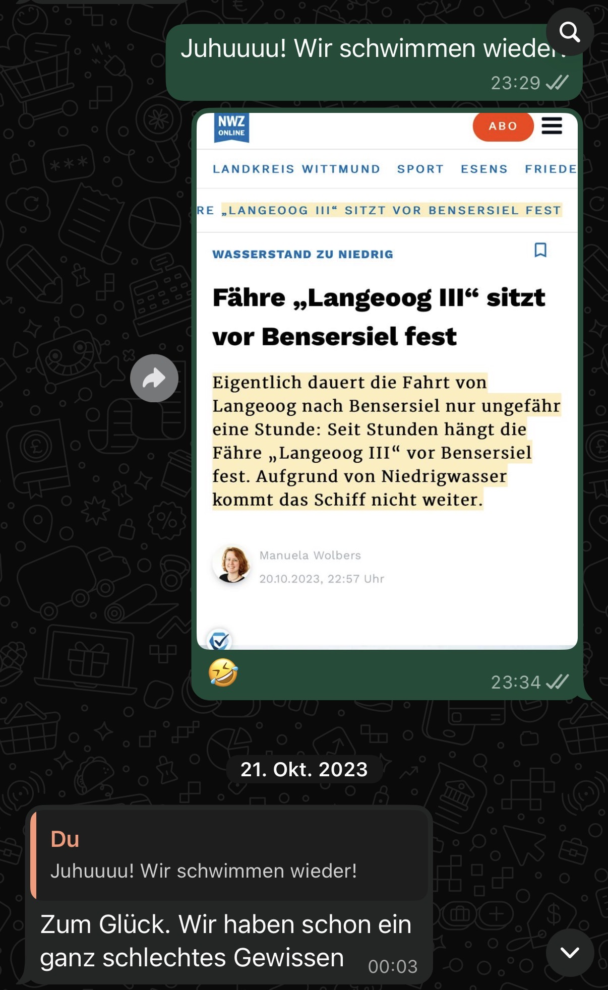 Marc schreibt Mel um 23:29 Uhr, dass die Fähre wieder fährt